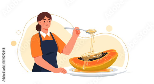 Woman Pouring Syrup On Papaya, Depicting Culinary Presentation With Black Background