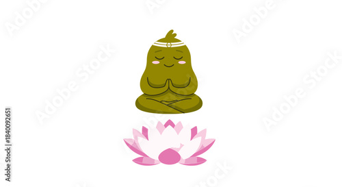 Zen-Like Cartoon Figure Meditating Above Lotus Flower Against a Black Background