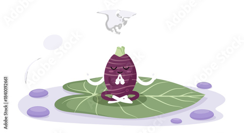 Zen-like Eggplant Meditating Peacefully on Lily Pad with Moon Inspired Design