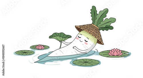Zen-Like Daikon Radish Floating on Serene Waters Among Blooming Lotus Flowers