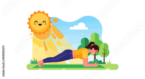 Woman Practicing Plank Exercise Outdoors in a Sunny Park with Smiling Sun