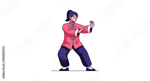 Woman Practicing Martial Art In Traditional Costume On White Isolated Background