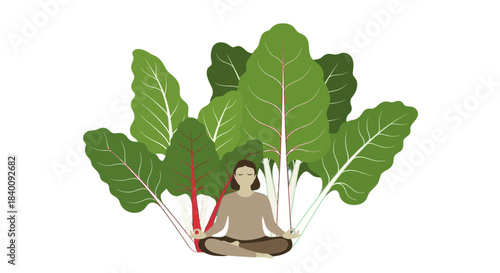 Zen-like Figure Meditating Amidst Lush Green Chard Plants On Black Background
