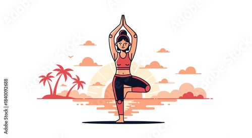 Woman Practicing Tree Pose Yoga Near the Coastline at Sunset Relaxation and Wellbeing