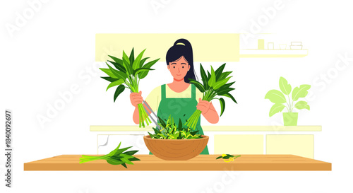 Woman Prepares a Fresh Salad with Leafy Greens on a Wooden Countertop in the Kitchen
