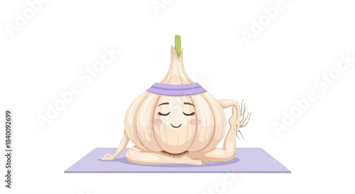 Zen-Like Garlic Bulb Performing Yoga, Relaxing And Balancing In A Tranquil Pose