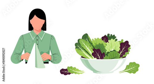 Woman Preparing a Salad with Fresh Greens: Healthy Eating and Culinary Illustration