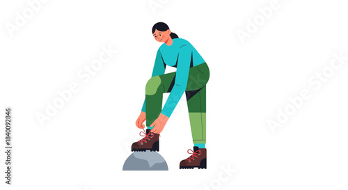 Woman Preparing For Hiking Adventure, Lacing Boots Before Starting Journey Outdoors