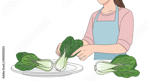 Woman Preparing Fresh Bok Choy for Cooking on Kitchen Counter with Black Background
