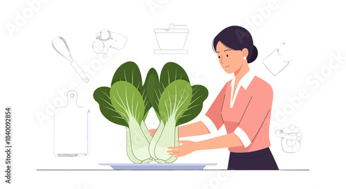 Woman Preparing Fresh Bok Choy for Culinary Use with Kitchen Utensils on Black