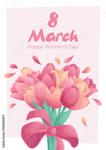 Template design for greeting cards for International Women's Day. March 8th. A bouquet of delicate tulips on a pink background. Vector illustration for the design of a postcard, card, poster, banner