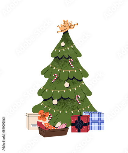 Decorated Christmas tree with gift boxes. Xmas fir with candy cane, balls, garland, presents. New Year's firtree with ornaments. Winter holiday decoration. Flat isolated vector illustration on white