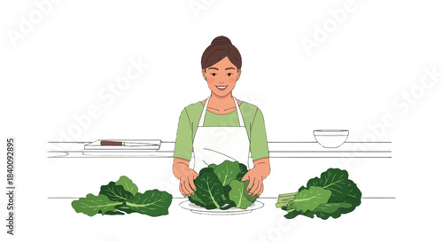 Woman Preparing Fresh Vegetables For Cooking On A Kitchen Countertop Setting