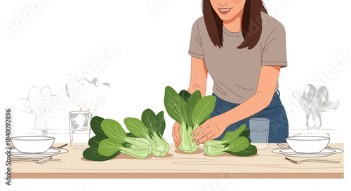 Woman Preparing Fresh Vegetables For Meal With Minimalist Design And Vibrant Colors