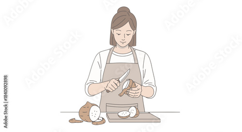 Woman Preparing Fresh Vegetables For Cooking With Sharp Knife In Kitchen Setting
