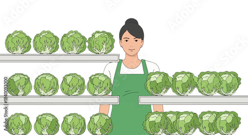 Woman Presenting Fresh Green Cabbage Heads In A Supermarket For Healthy Food Choices