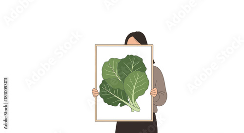 Woman Presenting Fresh Greens on a Canvas Against a Vivid Black Background
