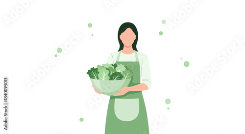 Woman Presenting Fresh Salad Greens In A Green Bowl After Preparation Complete