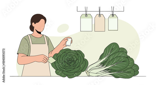 Woman Pricing Fresh Greens At A Farmers Market For Seasonal, Farm-To-Table Sales