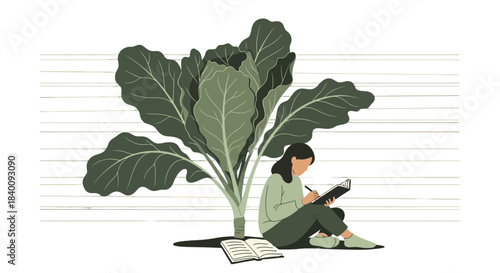 Woman Reads Next To Big Plant Illustration With Abstract Background Design