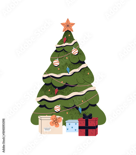Christmas tree decorated with ornaments, baubles, balls and gift boxes. Xmas fir with Santa's presents for winter holidays. Symbol of New Year celebration. Flat isolated vector illustration on white