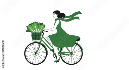 Woman Rides Bicycle Carrying Fresh Produce Through The Greenery With a Gentle Breeze