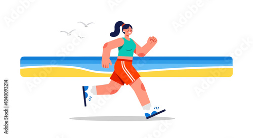 Woman Runs Along The Beach With Seagulls And A Yellow And Blue Background