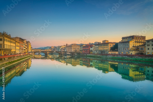 Arno River View in Florence at Dusk with Ponte Vecchio and Santa Trinita Bridges