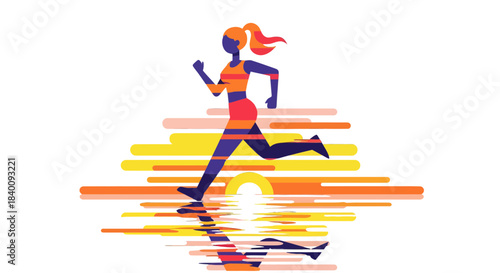 Woman Runs Energetically at Sunset with Geometric Reflections on Black Background