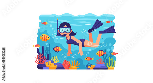 Woman Scuba Diving and Exploring Marine Life in the Ocean Depths Around Corals