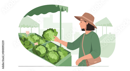 Woman Selecting Fresh Cabbage At A Vibrant Farmers Market In Green Tones of Illustrations