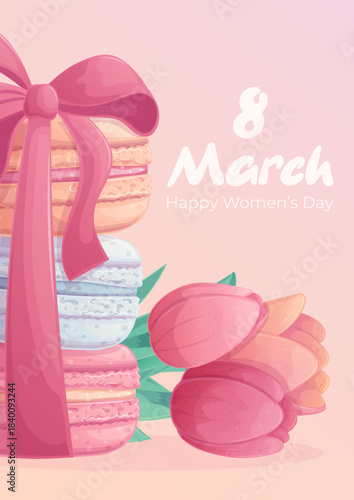 Template design for greeting cards for Women's Day. March 8th. Delicious French macaroons tied with ribbon, tulips. Vector illustration for the design of postcard, invitation card, poster, banner