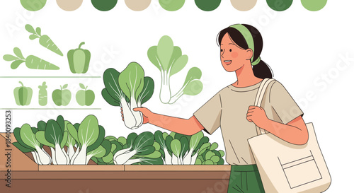Woman Selecting Fresh Greens with Eco-Friendly Shopping Bag at a Grocery Store