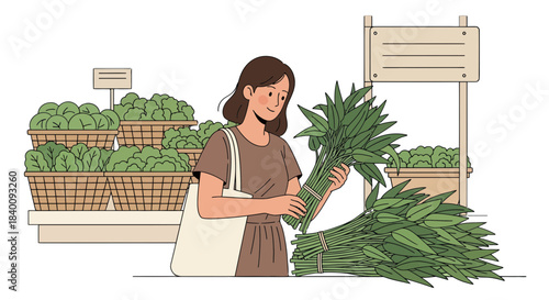 Woman Selecting Fresh Greens Produce At A Local Farmers Market For Purchase