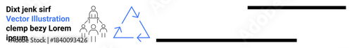 Teamwork, recycling, productivity, workflow, sustainability, collaboration. Group of people icons alongside arrows forming a triangle. Team collaboration and recycling concept