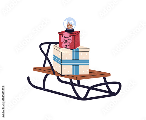 Kids sled with heap of wrapped Christmas gift boxes. Children's sledge with pile of Xmas presents. Sleigh with giftboxes from Santa for winter holidays. Flat isolated vector illustration on white