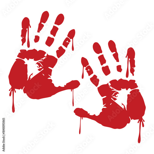 Graphic illustration of two vivid red handprints with ominous blood drips, symbolizing a chilling crime scene, horror, or a scary Halloween warning