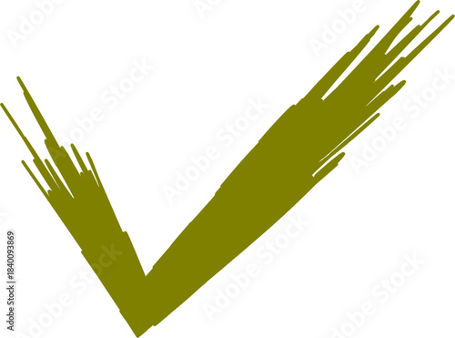 A hand-drawn, olive green checkmark symbol with a textured, brush-stroke appearance on a white background, indicating approval or completion.