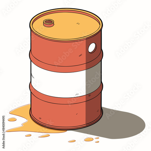 Vector illustration isometric illustration of a leaking orange and white industrial oil drum, 122 chars max