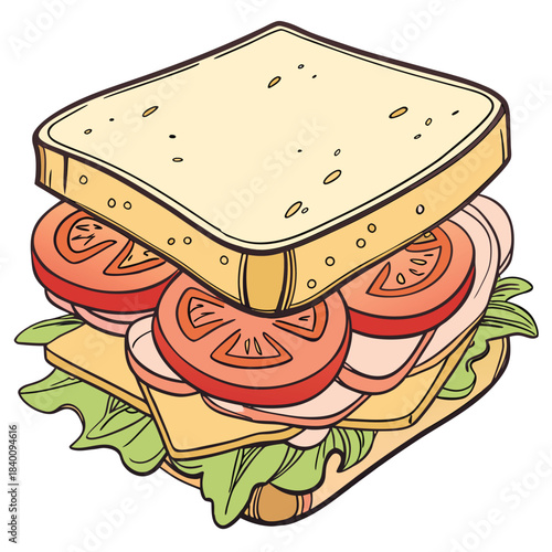 Vector illustration delicious illustration of a classic ham and cheese sandwich with fresh lettuce and ripe tomato slices, white