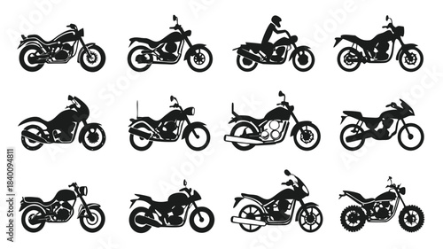 Vector illustration collection of 12 motorcycle silhouettes, various styles