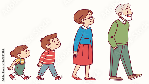 Vector illustration illustration showing the four stages of human life a young girl, a young boy, a middleaged woman, and an elderly man walking in a line, white