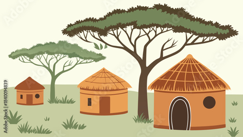 Vector illustration african village scene with traditional huts and acacia trees, illustration