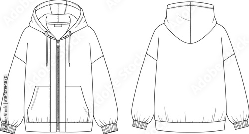 Blank white classic round neck T-shirt technical flat fashion sketch vector template illustration, front and back view basic apparel garment CAD drawing design mockup concept.