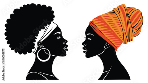 Vector illustration two beautiful black women profiles facing each other, one with an afro and headband, the other with an orange patterned headwrap, white