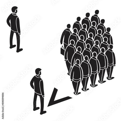 Vector illustration two figures standing apart from a large crowd, one pointing towards the group, illustrating concepts of leadership, separation, or social distancing, white