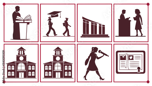 Vector illustration set of 8 graduation and education icons, including a speaker at a podium, graduates, university buildings, a diploma, and a person speaking into a microphone