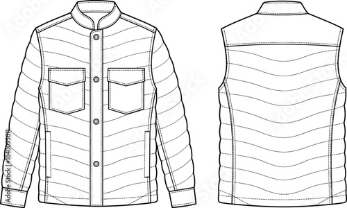 Men's or women's quilted puffer shirt jacket technical flat fashion sketch vector template illustration, with detachable sleeve to vest gilet CAD drawing concept mockup.