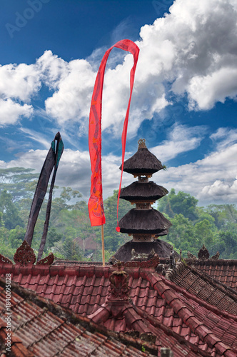 Bali style roof tops of the Pura Besakih temple on the slopes of Mount Agung, the largest and holiest temple in Bali, Indonesia