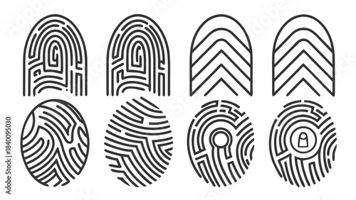 Vector illustration set of eight different fingerprint patterns and icons, including loops, whorls, arches, and securityrelated designs